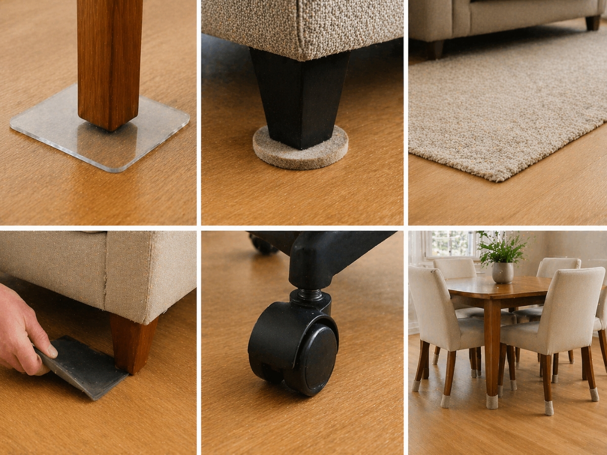 A collage showing different ways to protect hardwood floors: furniture pads, carpet, sliders, and a dining set placed on the floor for effective furniture protection.