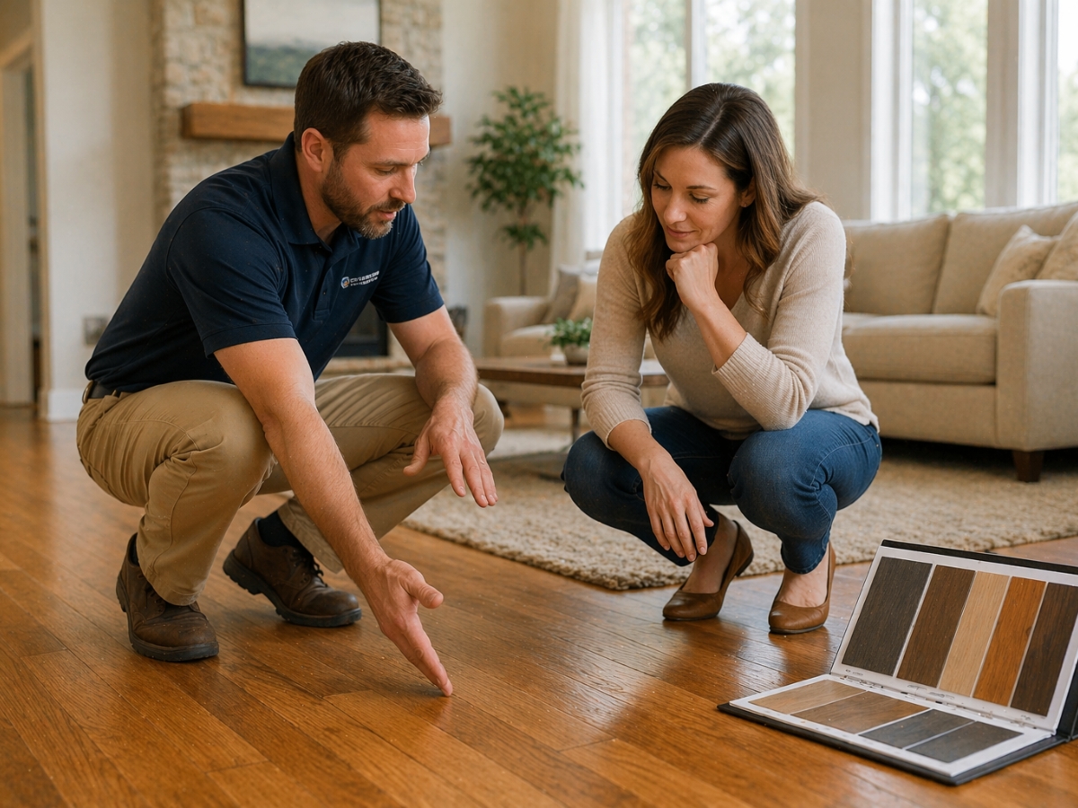 A man and woman examine wooden flooring samples in a living room, considering options for both style and furniture protection. The man points to the floor as the woman looks on, a sample book open beside them.