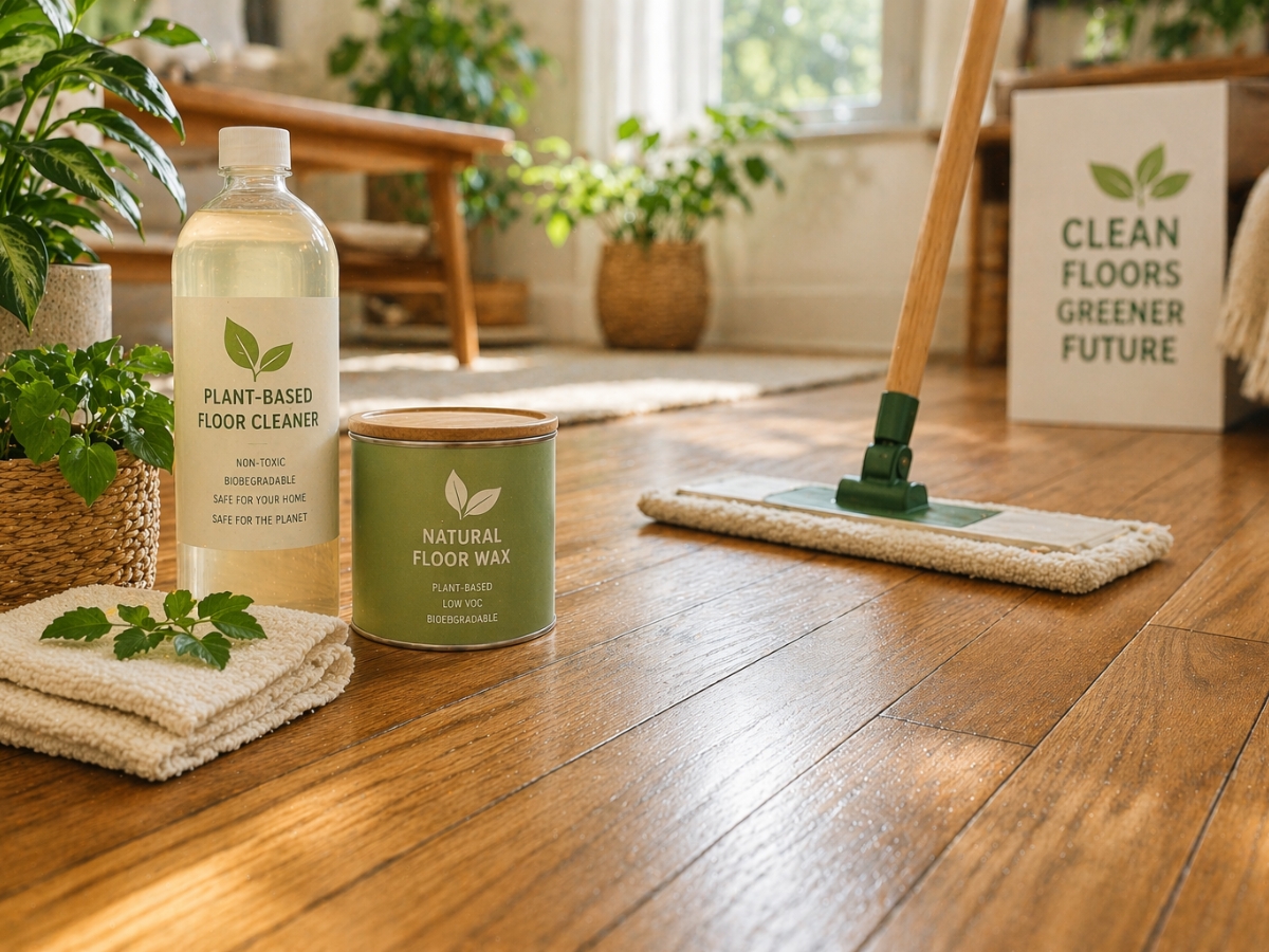 Plant-based floor cleaner, natural floor wax, and a mop are placed on a wooden floor in a bright room; a box in the background reads, "Clean floors, greener future"—all while ensuring excellent furniture protection.