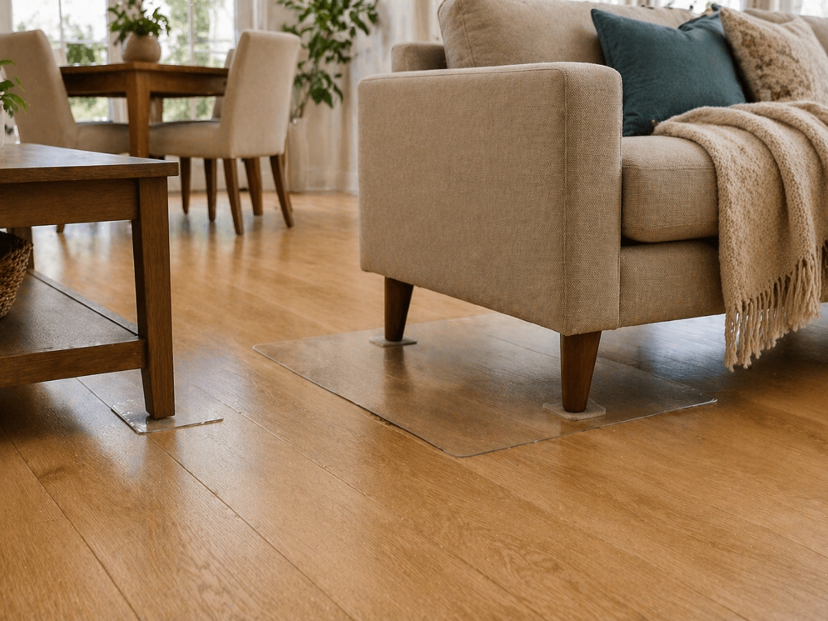 A beige sofa with teal pillows and a tan throw sits on a wooden floor, featuring clear floor protectors for furniture protection under the legs. A dining table and chairs are visible in the background.