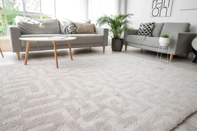 Cozy living room with gray sofas, a coffee table, and a plush rug.