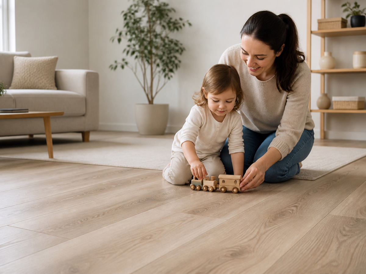 An adult and a young child sit on hypoallergenic flooring in a living room, playing together with a wooden train set.