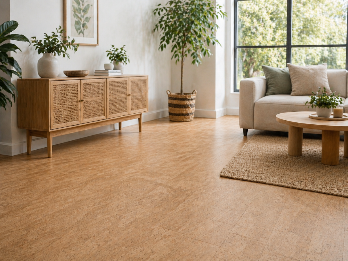 A modern living room with light wood furniture, a beige sofa, large window, potted plants, and a woven rug on hypoallergenic flooring made of cork.