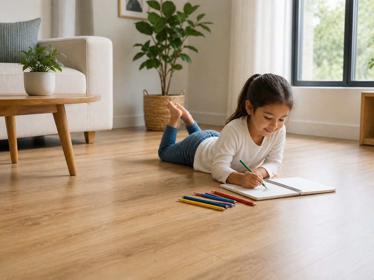 Young girl lies on hypoallergenic flooring in a living room, drawing with colored pencils in a notebook. Other colored pencils are spread out beside her.