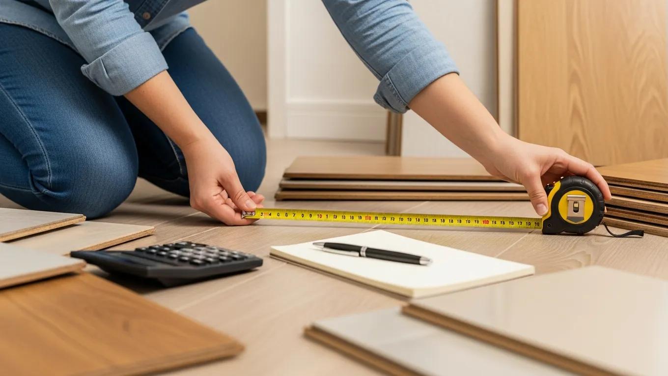 Person measuring a room for flooring installation with a tape measure and flooring samples