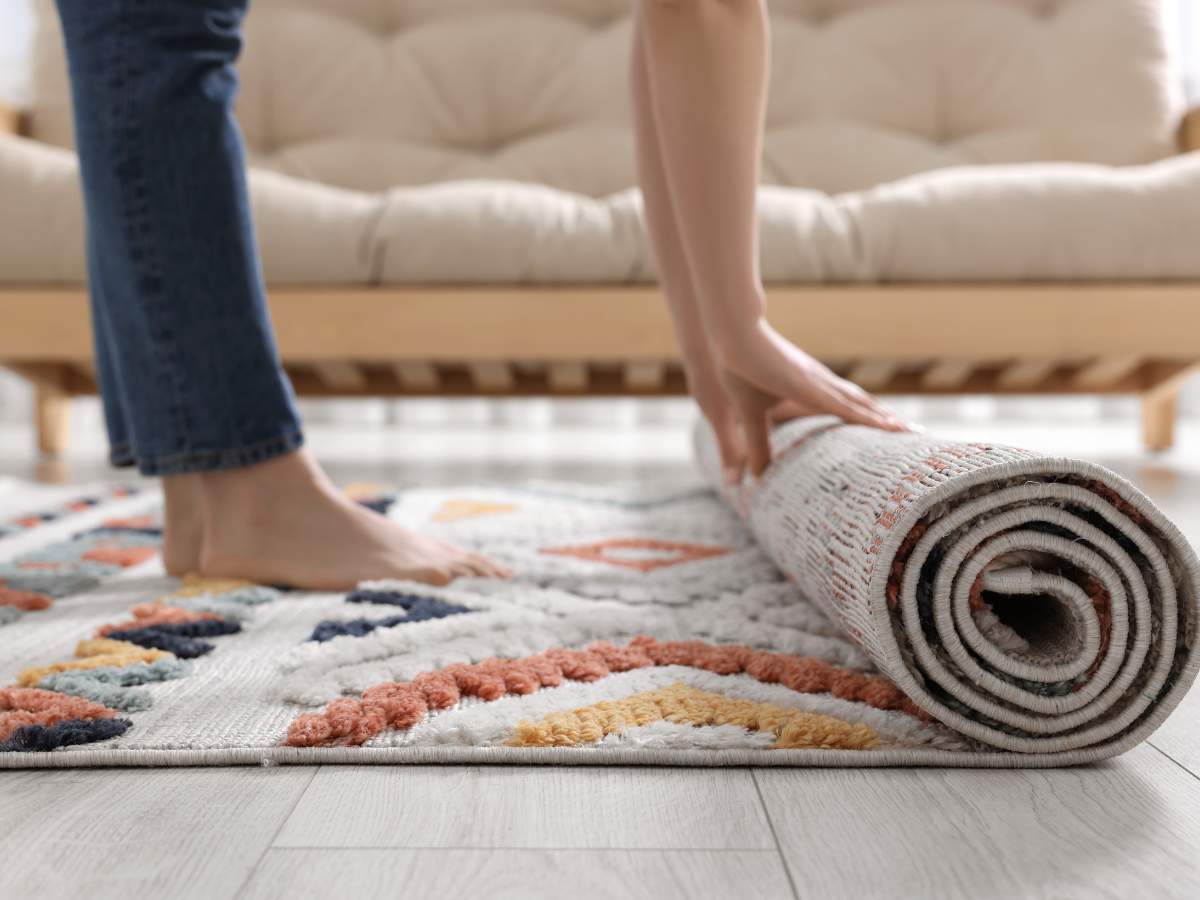 Person rolling up a patterned area rug on a light wood floor, with a beige sofa in the background—an easy way to refresh style and improve room acoustics.