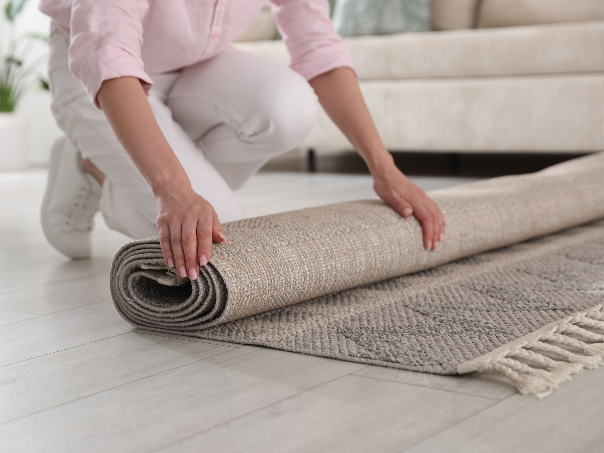A person in white pants and a pink shirt kneels on the floor, rolling up a gray woven rug in a living room with a sofa in the background, enhancing the room's acoustics.