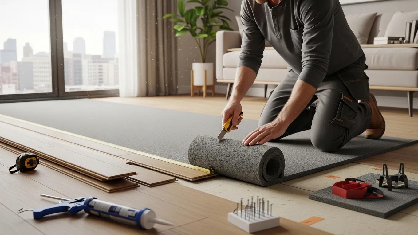 Person installing acoustic underlayment to reduce impact noise in modern flooring