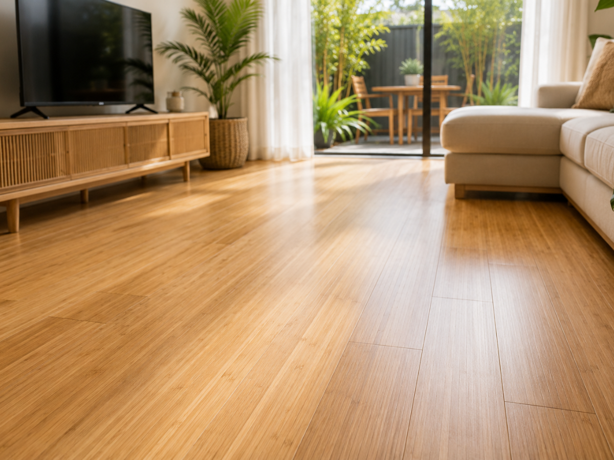 Is Bamboo Flooring Right for You? 1 Bright living room with bamboo flooring, beige sofa, TV on a wooden stand, potted plants, and a view of a patio with outdoor furniture through sliding glass doors.