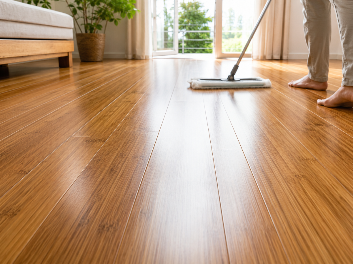 Is Bamboo Flooring Right for You? 3 Person mopping a clean bamboo flooring in a bright living room with plants and large windows, sunlight streaming in.