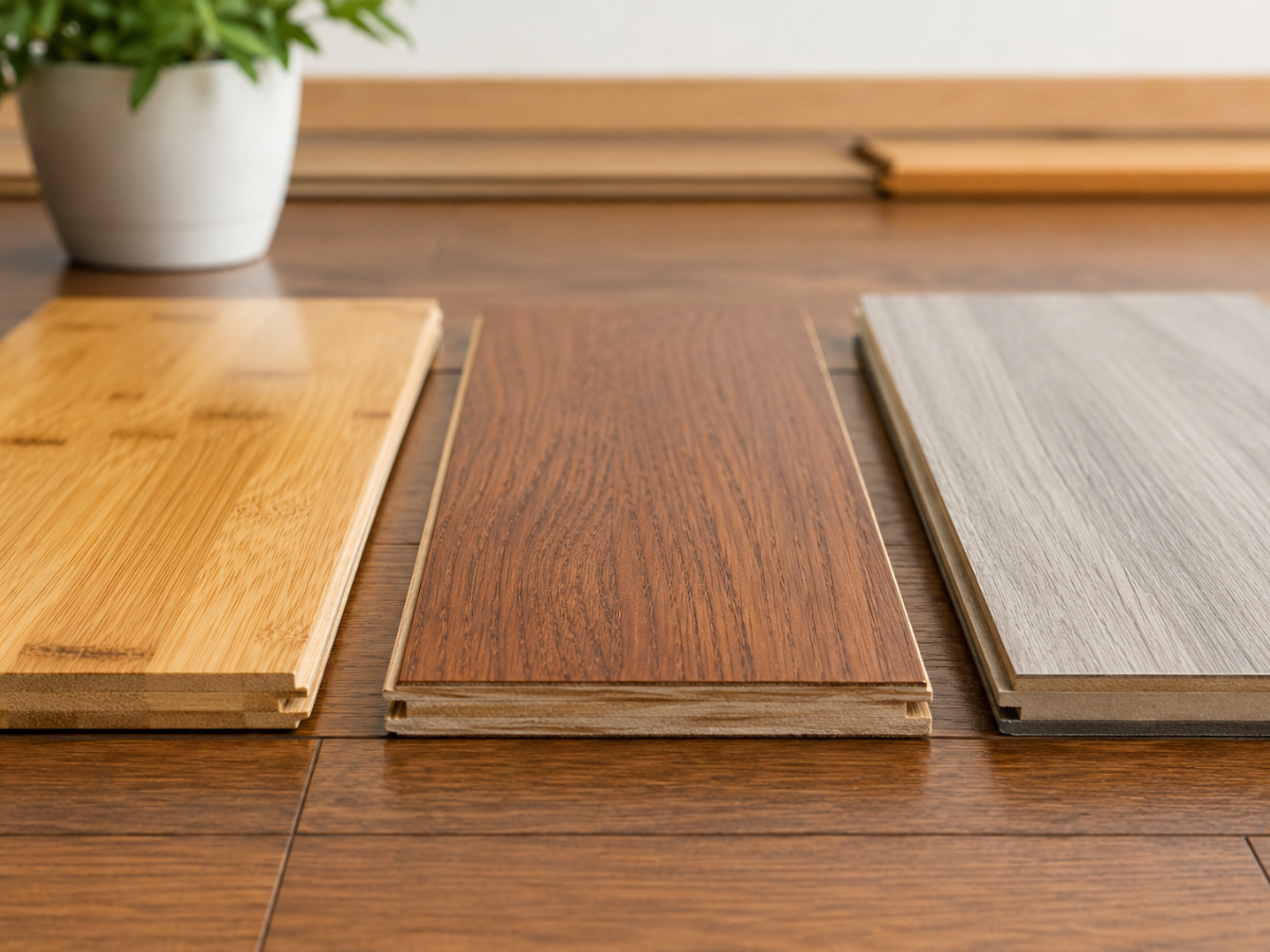 Is Bamboo Flooring Right for You? 2 Three different wood flooring samples—light, medium brown, and gray—including a stylish bamboo flooring option—are displayed on top of a wood floor, with a potted plant in the background.
