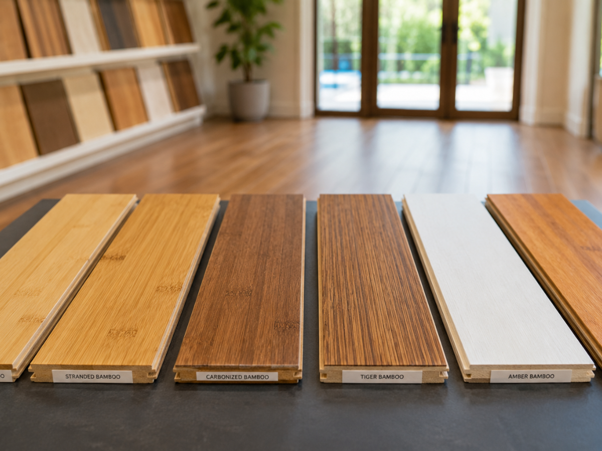 Is Bamboo Flooring Right for You? 4 Six bamboo flooring samples in different finishes are displayed on a table in a showroom with wooden floors and large windows in the background, showcasing the variety and elegance of bamboo flooring options available.