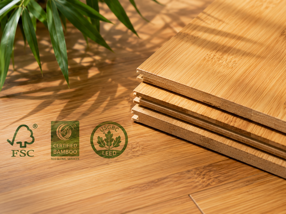 Is Bamboo Flooring Right for You? 6 Stack of bamboo flooring planks on a bamboo surface, with FSC, Certified Bamboo, and USGBC LEED certification logos visible; green leaves in the upper left corner highlight the sustainable appeal of bamboo flooring.