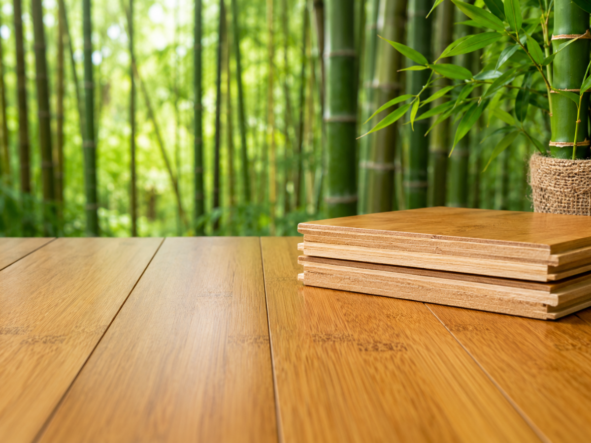 Is Bamboo Flooring Right for You? 7 Stacked bamboo flooring samples rest on a wooden table, complemented by bamboo stalks and lush green foliage in the background.