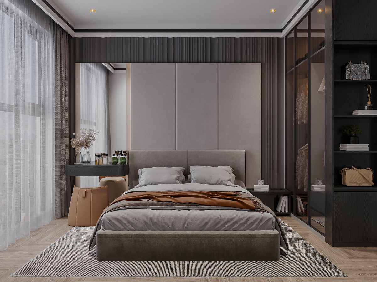 Cozy & Stylish Bedroom Flooring Ideas 1 Modern bedroom with a large bed, brown and gray decor, stylish bedroom flooring, floor-to-ceiling windows with sheer curtains, a vanity table with chair, and built-in shelving on the right.