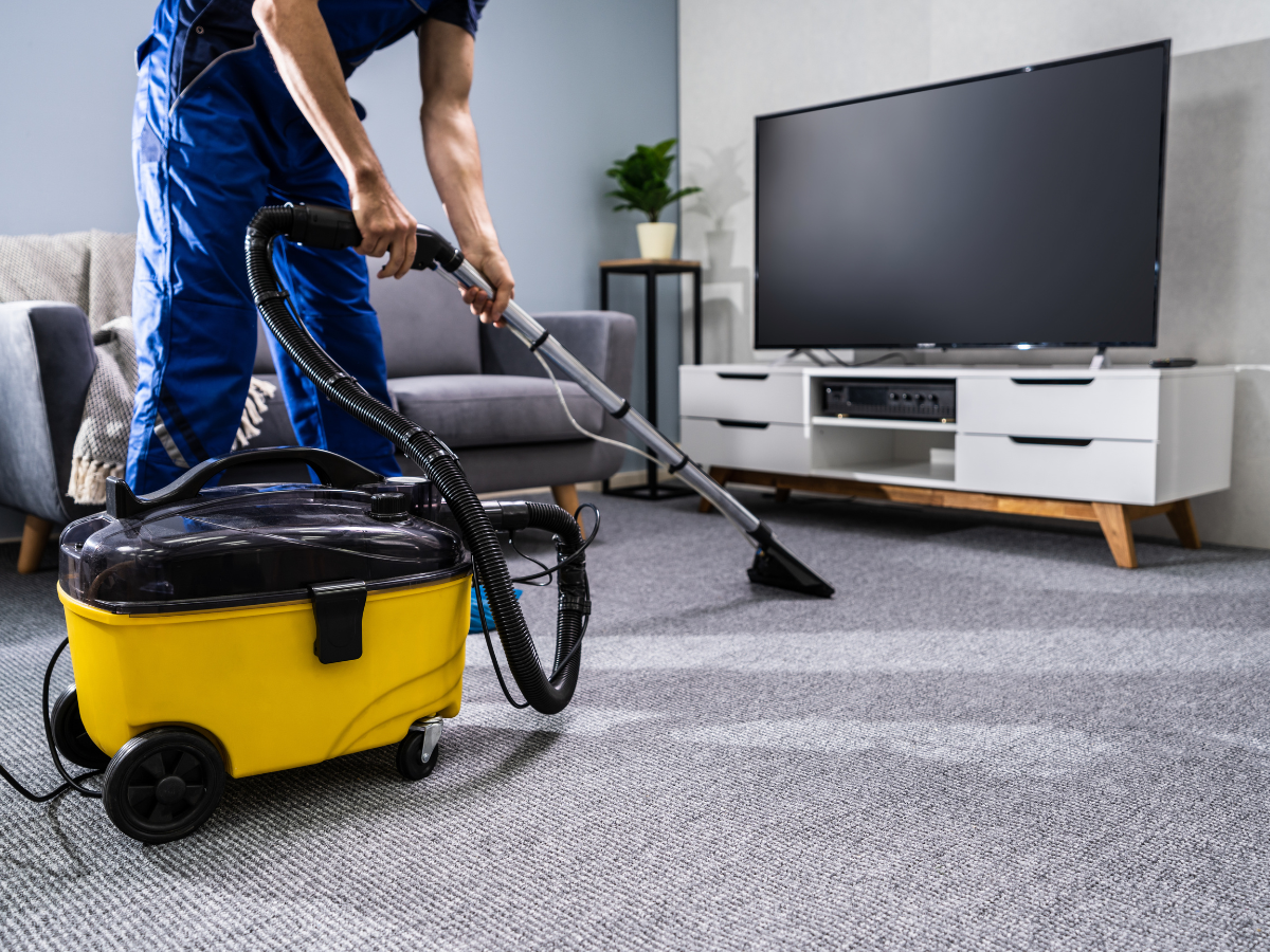 A person is performing carpet cleaning on a gray carpet in a living room with a yellow industrial vacuum cleaner; a TV and console can be seen in the background.