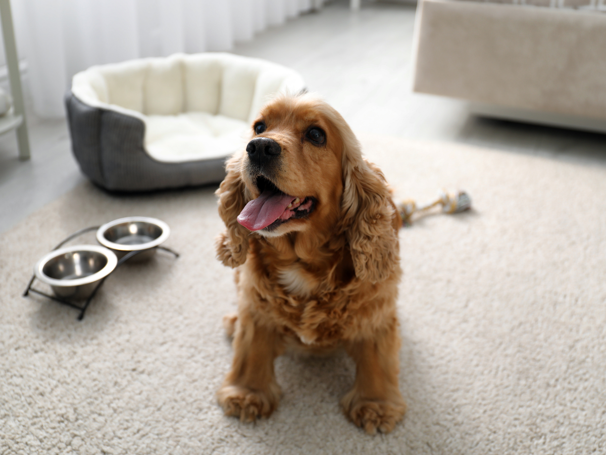 Durable & Pet-Friendly Flooring Options: Best Scratch-Resistant and Waterproof Floors for Pets 3 Golden Cocker Spaniel sits on pet-friendly flooring near a pet bed, two stainless steel bowls, and a chew toy, indoors with natural light.
